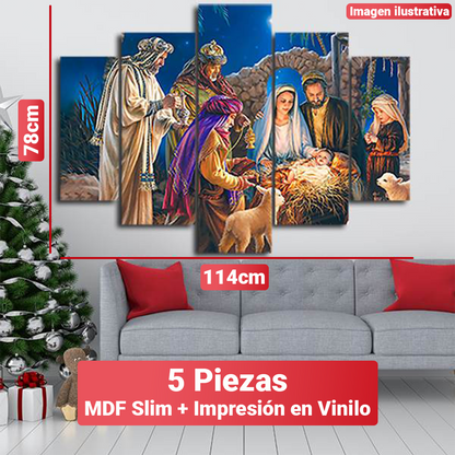 Conjunto de Cuadros Navideños Mosaico - 5 Piezas + Gancho caimán incluido. [114x78 cm]