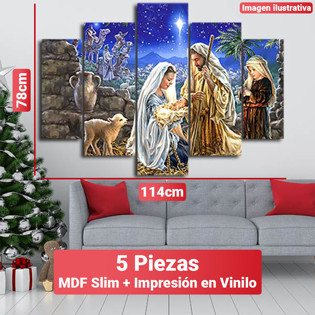 Conjunto de Cuadros Navideños Mosaico - 5 Piezas + Gancho caimán incluido. [114x78 cm]